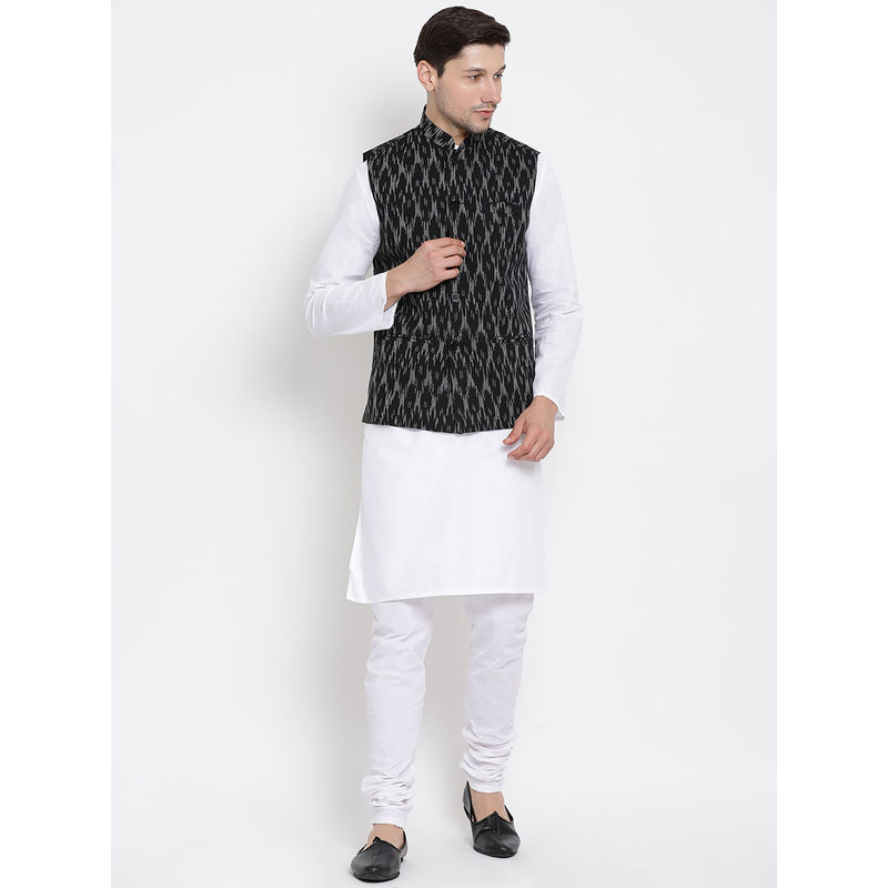 Vastramay Mens White Cotton Linen Blend Jacket, Kurta and Churidar (Set of 3) (L)