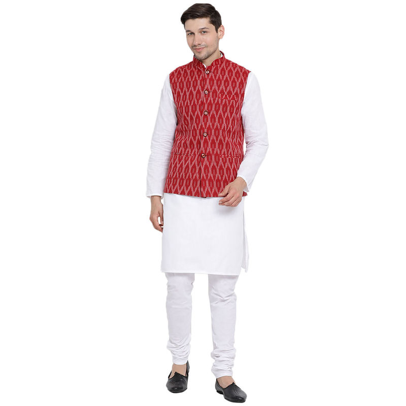 Vastramay Mens White Cotton Linen Blend Jacket, Kurta and Churidar (Set of 3) (L)