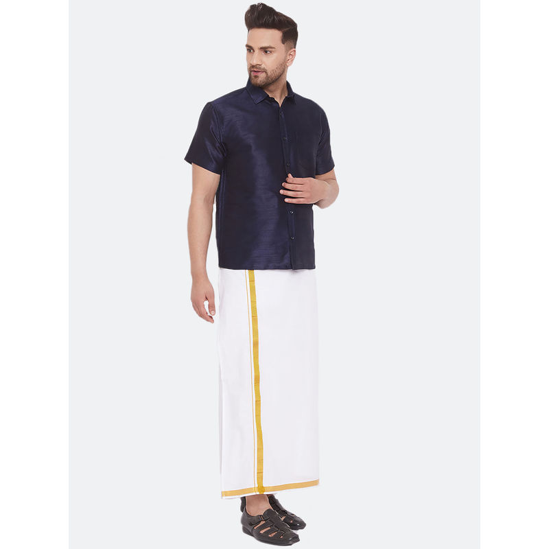 Vastramay Mens Navy Blue and White Silk Blend Shirt and Mundu (Set of 2) (M)