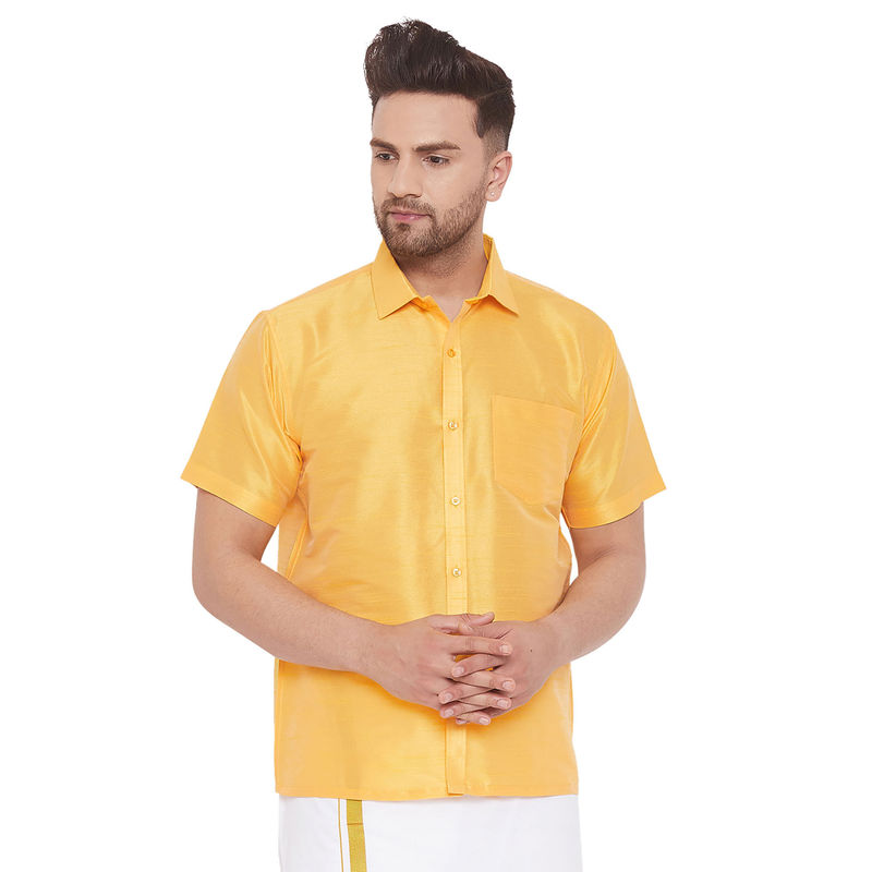 Vastramay Mens Yellow Silk Blend Ethnic Shirt (3XL)