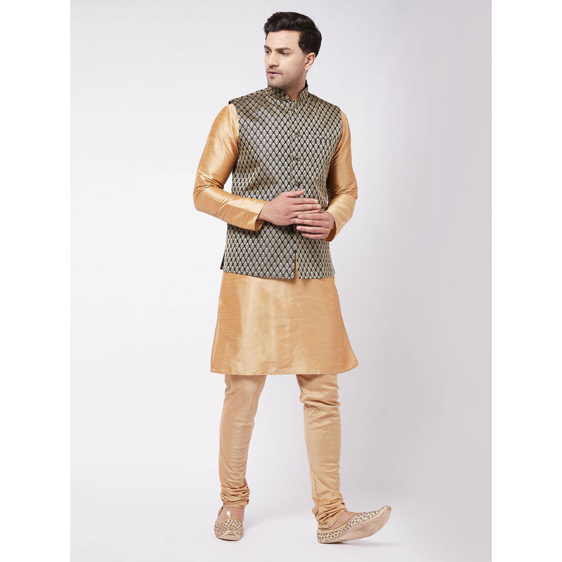 Vastramay Men's Rose Gold Silk Blend Jacket & Kurta and Pyjama (Set of 3) (40)