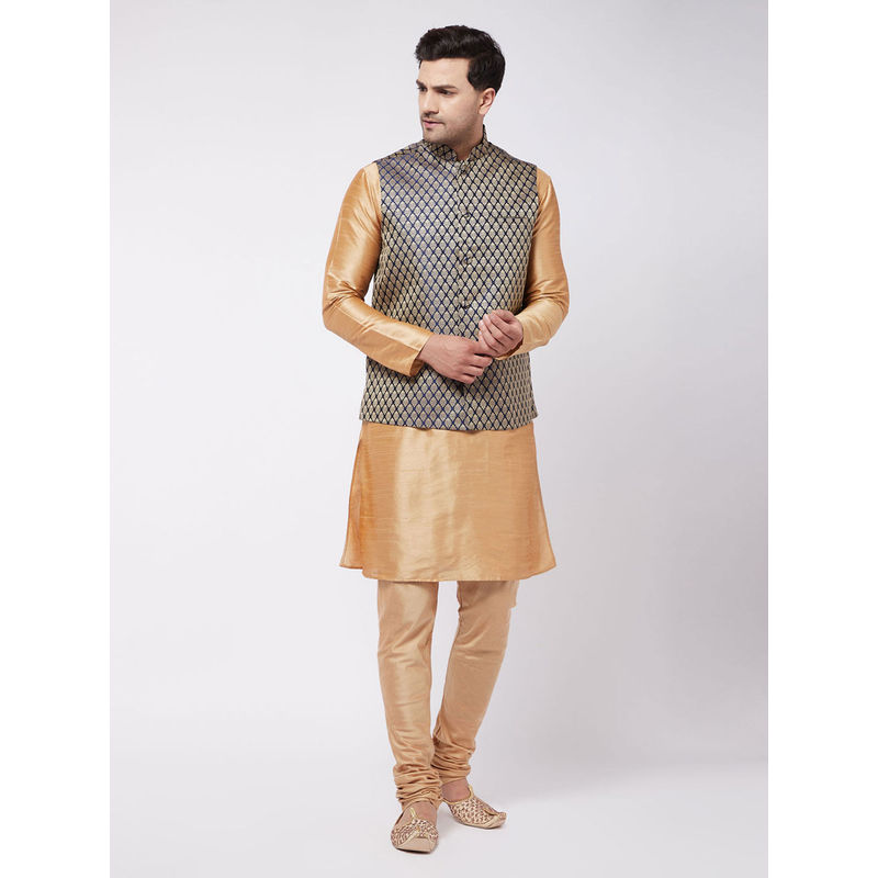 Vastramay Men's Rose Gold Silk Blend Jacket & Kurta and Pyjama (Set of 3) (40)