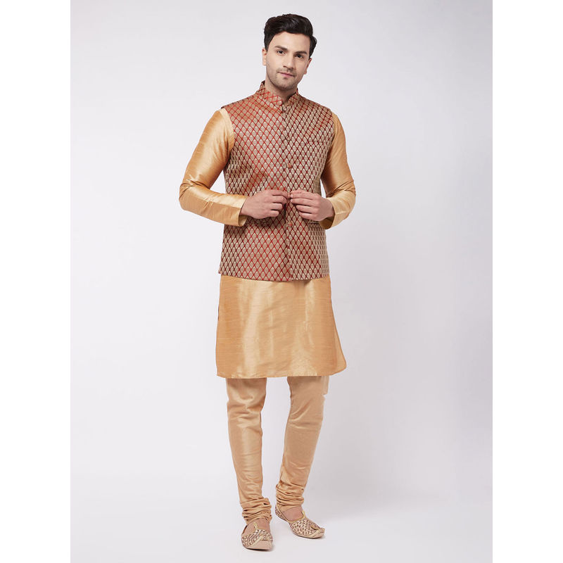 Vastramay Men's Rose Gold Silk Blend Jacket & Kurta and Pyjama (Set of 3) (40)