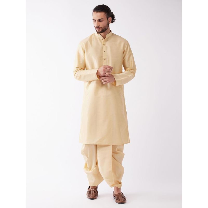 Vastramay Mens Gold Silk Blend Kurta with Dhoti (L) (Set of 2)