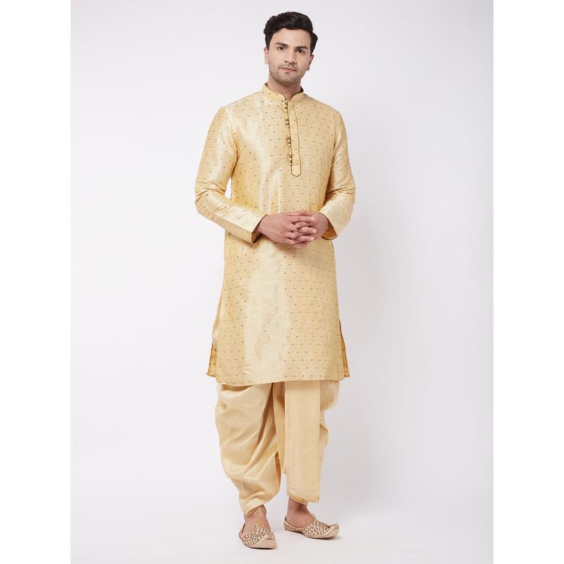 Vastramay Mens Beige & Gold Silk Blend Kurta with Dhoti (L) (Set of 2)