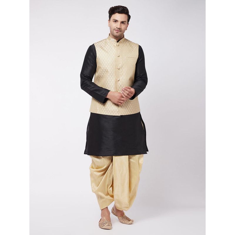 Vastramay Mens Black & Gold Silk Blend Jacket, Kurta with Dhoti (L) (Set of 3)