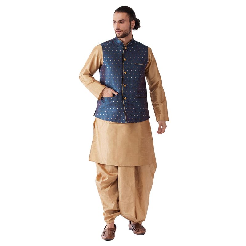 Vastramay Mens Rose Gold & Blue Silk Blend Jacket, Kurta with Dhoti (S) (Set of 3)