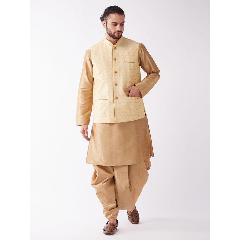 Vastramay Mens Rose Gold Silk Blend Jacket, Kurta with Dhoti (S) (Set of 3)