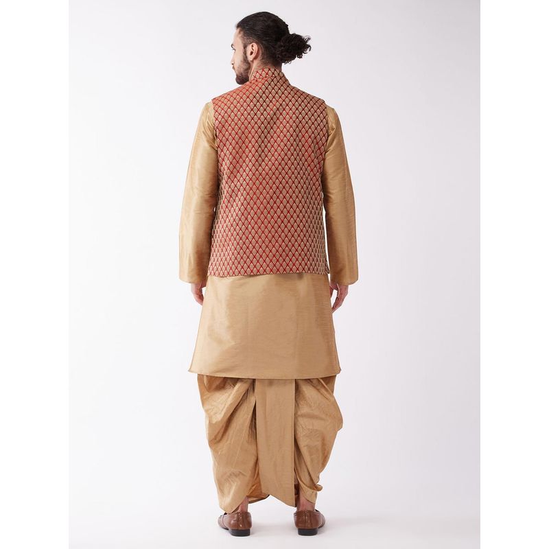 Vastramay Mens Rose Gold & Maroon Silk Blend Jacket, Kurta with Dhoti (S) (Set of 3)