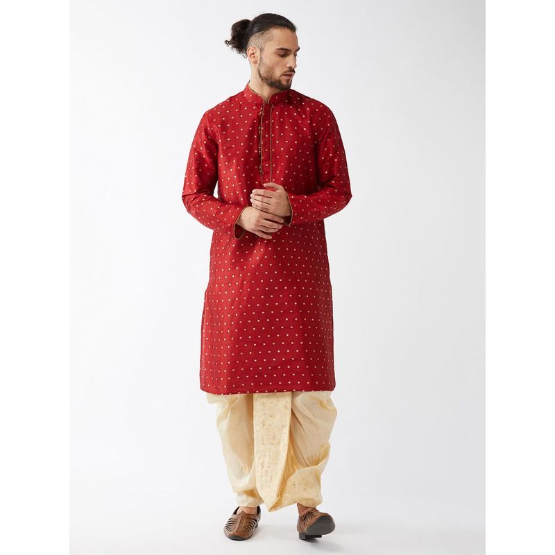 Vastramay Mens Maroon & Gold Silk Blend Kurta with Dhoti (S) (Set of 2)