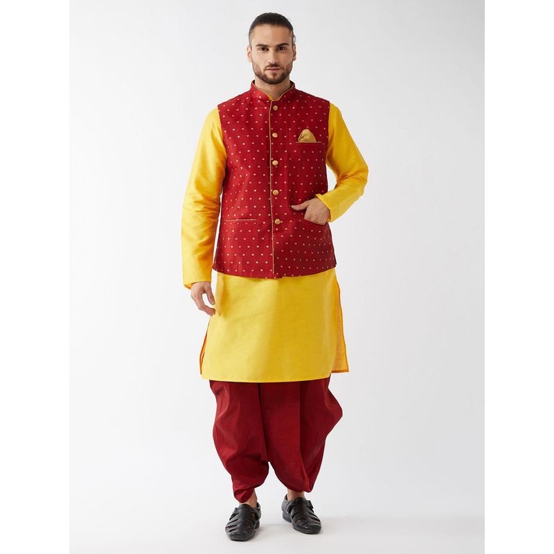 Vastramay Mens Yellow & Maroon Silk Blend Jacket, Kurta with Dhoti (S) (Set of 3)