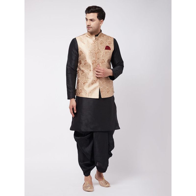 Vastramay Mens Gold & Black Silk Blend Jacket, Kurta with Dhoti (S) (Set of 3)