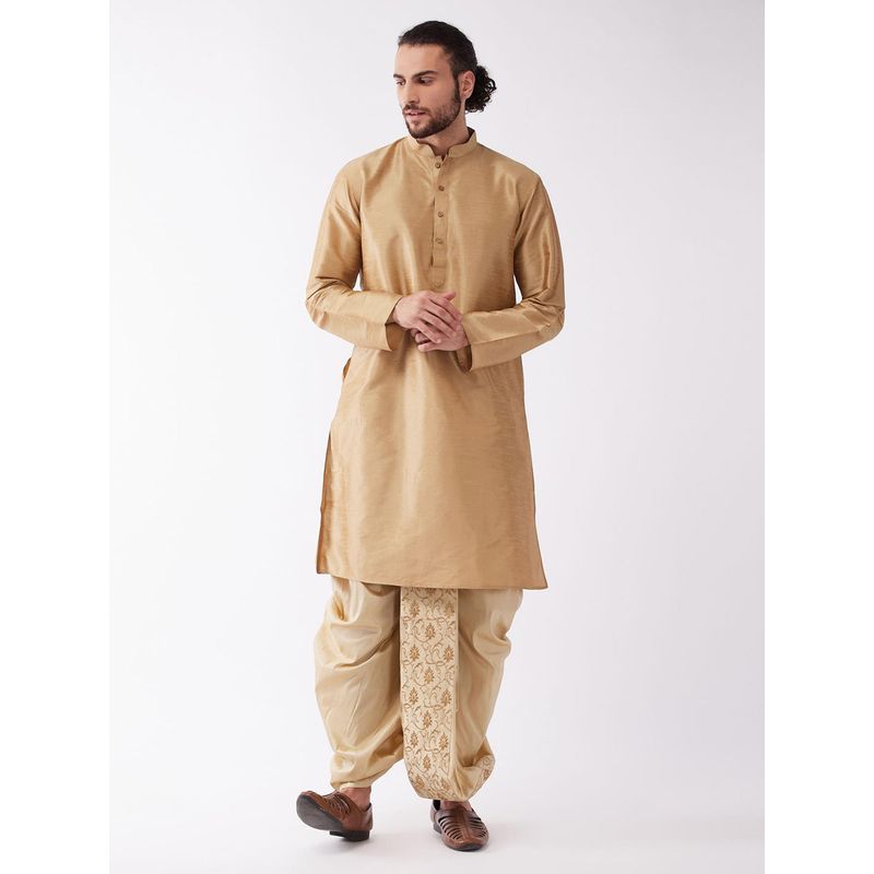 Vastramay Mens Rose Gold Solid Kurta with Embroidered Traditional Dhoti (M) (Set of 2)