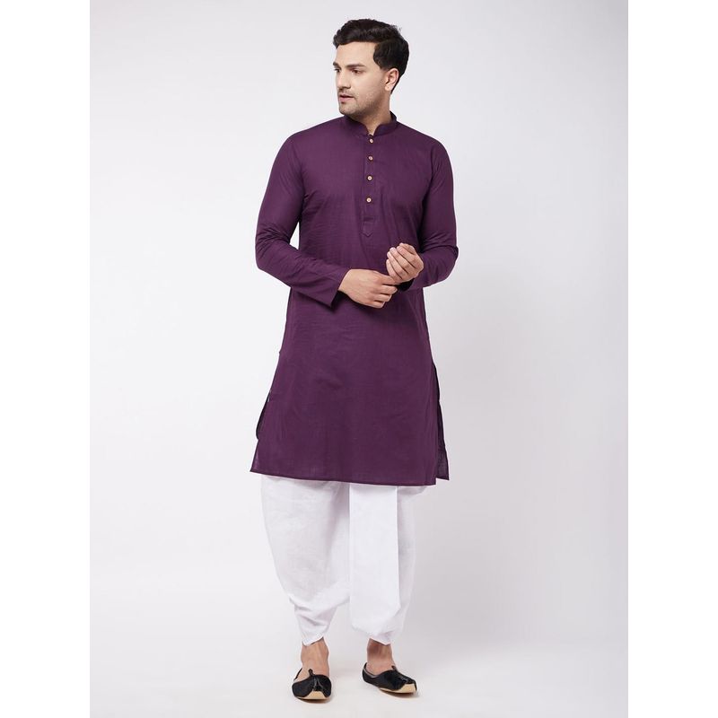 Vastramay Mens Purple & White Cotton Blend Kurta with Dhoti (S) (Set of 2)