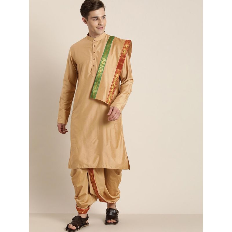 Vastramay Mens Rose Gold Cotton Blend Kurta Dhoti with Dupatta (M) (Set of 3)