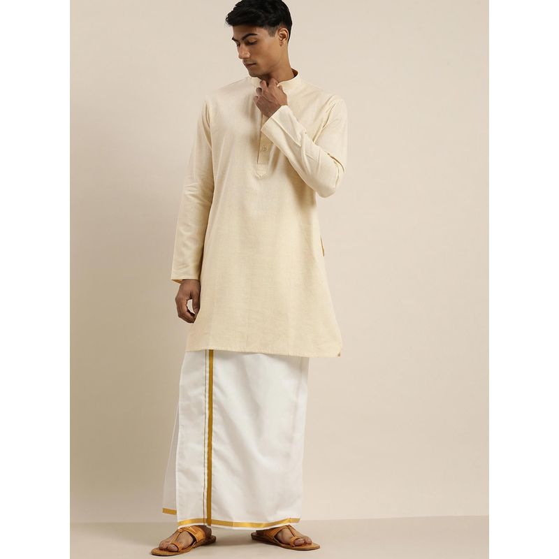 Vastramay Mens Cream & White Cotton Short Kurta with Mundu (M) (Set of 2)