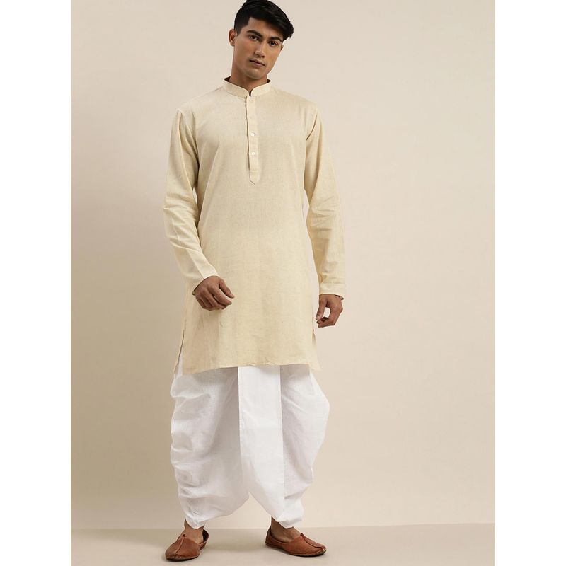 Vastramay Mens Cream & White Cotton Short Kurta with Dhoti (S) (Set of 2)