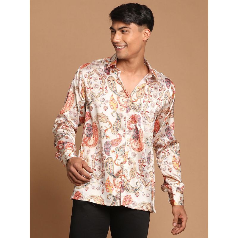 Vastramay Mens Beige Satin Ethnic Shirt (M)