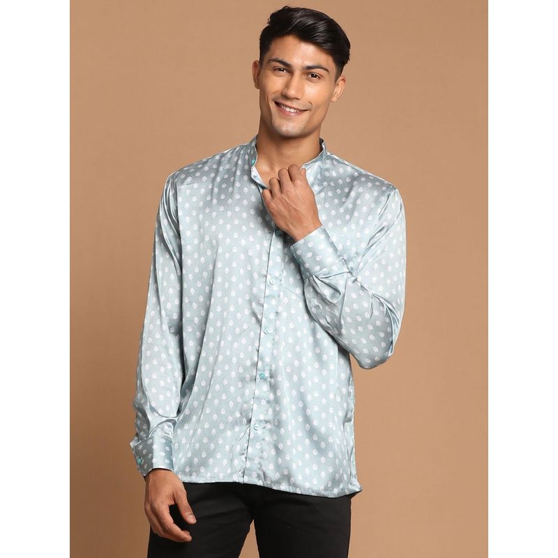 Vastramay Mens Grey & White Satin Ethnic Shirt (M)