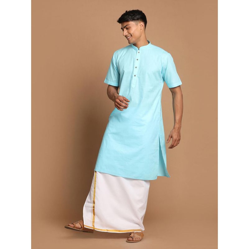 Vastramay Mens Blue & White Cotton Linen Kurta with Mundu (L) (Set of 2)