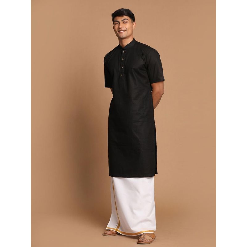 Vastramay Mens Black & White Cotton Linen Kurta with Mundu (S) (Set of 2)