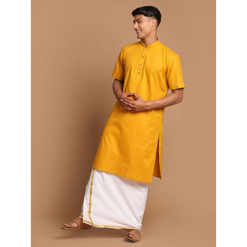 Vastramay Mens Mustard & White Cotton Linen Kurta with Mundu (S) (Set of 2)