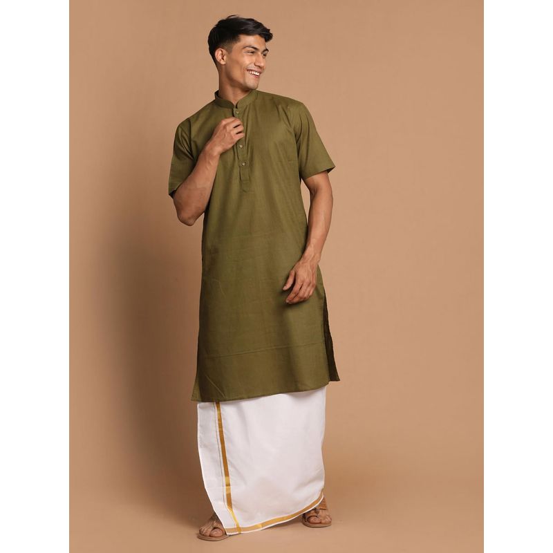 Vastramay Mens Dark Green & White Cotton Linen Kurta with Mundu (S) (Set of 2)