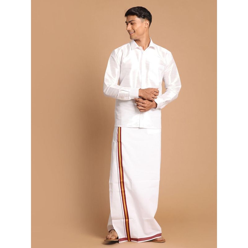 Vastramay Mens White Silk Blend Shirt with Mundu (L) (Set of 2)
