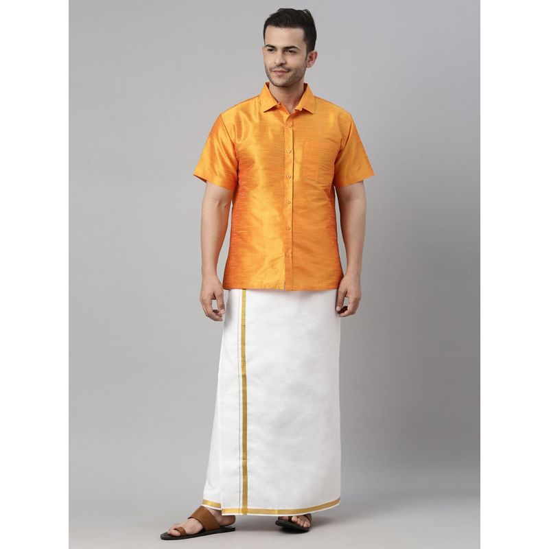 Vastramay Mens Orange & White Silk Blend Shirt with Mundu (S) (Set of 2)