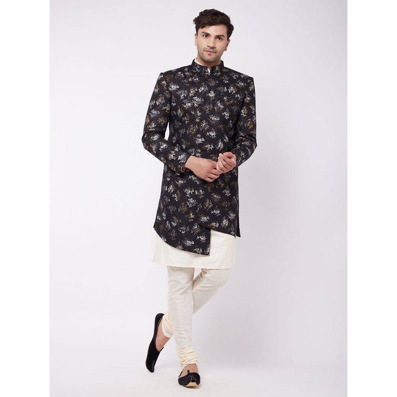 Vastramay Men's Black And cream Polyester Lurex Blend Sherwani Set (Set of 3) (M)