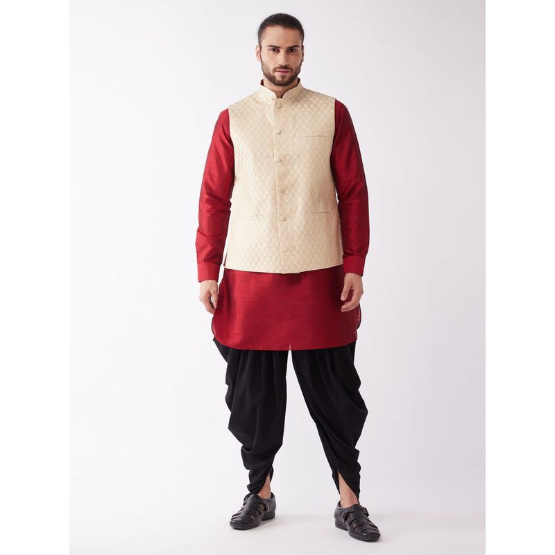 Vastramay Men's Maroon, Cream And Black Silk Blend Jacket, Kurta and Dhoti Set (Set of 3) (S)