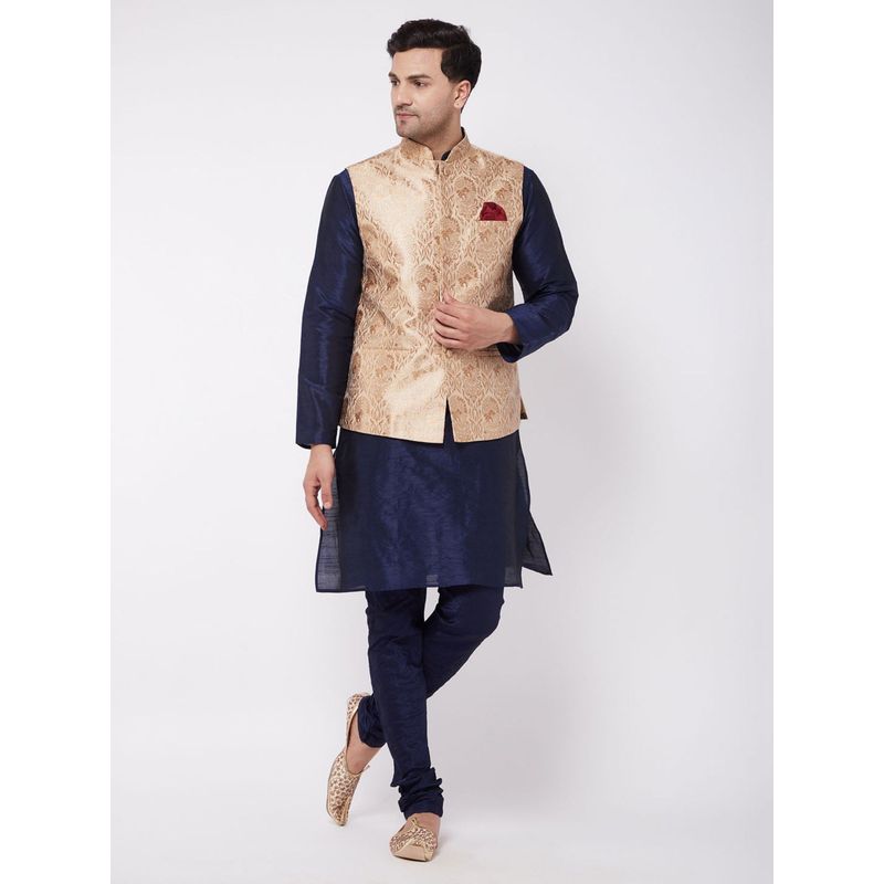 Vastramay Men's Rose Gold And Navy Blue Silk Blend Jacket, Kurta and Pyjama Set (Set of 3) (S)