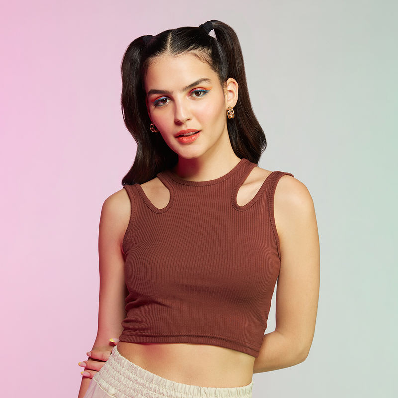 MIXT by Nykaa Fashion Brown High Neck Solid Crop Top (S)