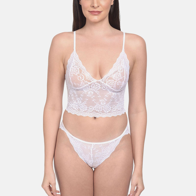 Mod & Shy Women'S Soft Net Polyester Honeymoon Nightwear Super Soft Lingerie Set - White (32A)