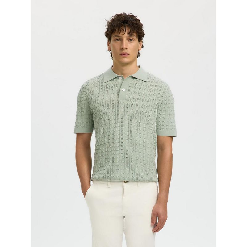 SELECTED HOMME Green Organic Cotton Cable Knit Polo T-Shirt (S)