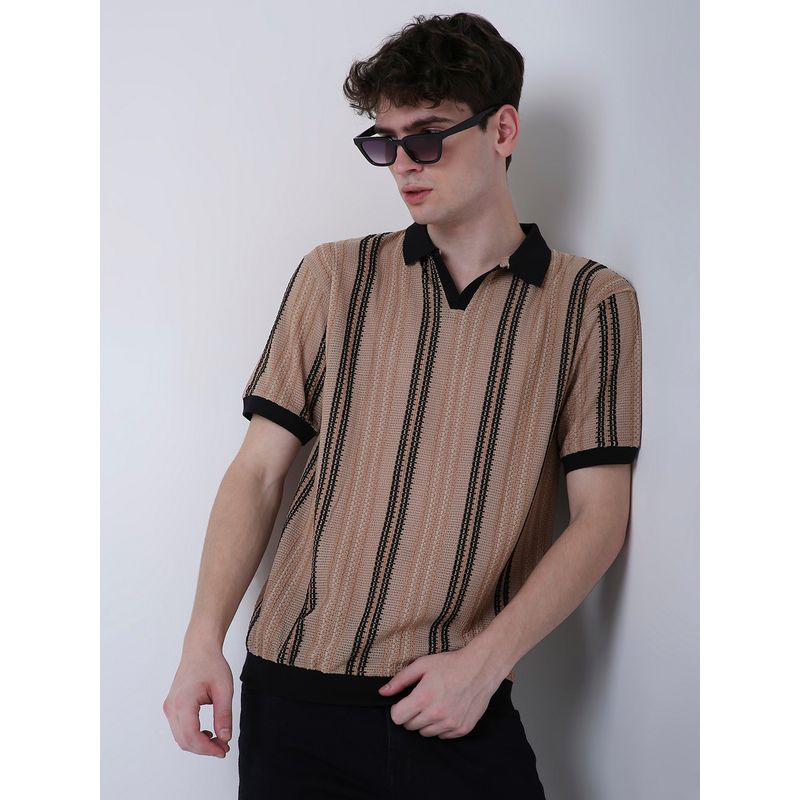 BLNK Vintage Fawn Textured Stripe Polo Beige T-Shirt (S)
