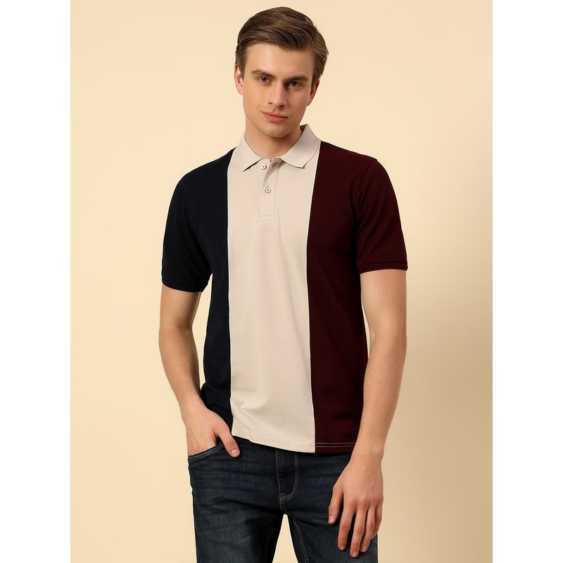 Cantabil Wine Colourblocked Slim Fit Polo T-Shirt (L)