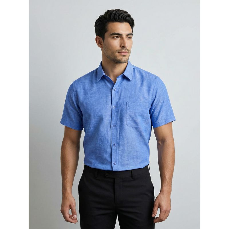 Southbay Cotton Linen Half Sleeves Blue Shirt (M)