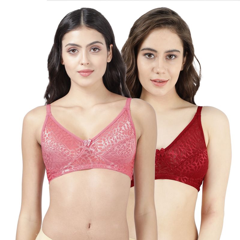 Shyaway Susie Womens Coral Pink & Red Dahlia Non Padded Wirefree Lace Bra (Pack of 2) (32B)