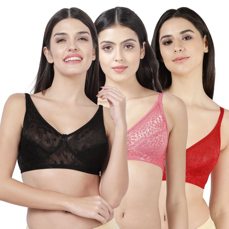 Shyaway Susie Womens Non Padded Wirefree Lace Bra- Multi Color (Pack of 3) (32C)