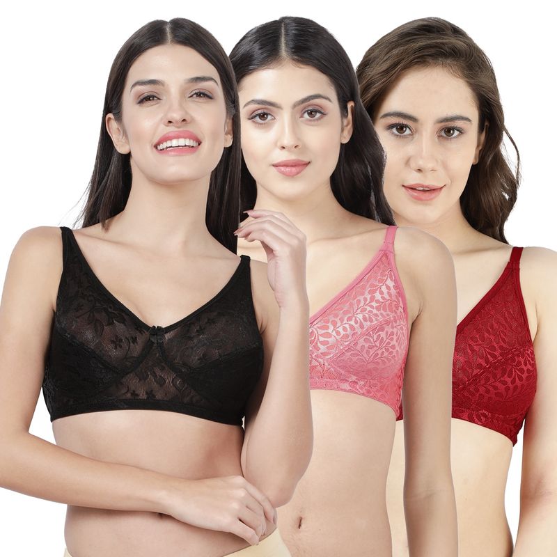 Shyaway Susie Womens Non Padded Wirefree Lace Bra- Multi Color (Pack of 3) (32C)