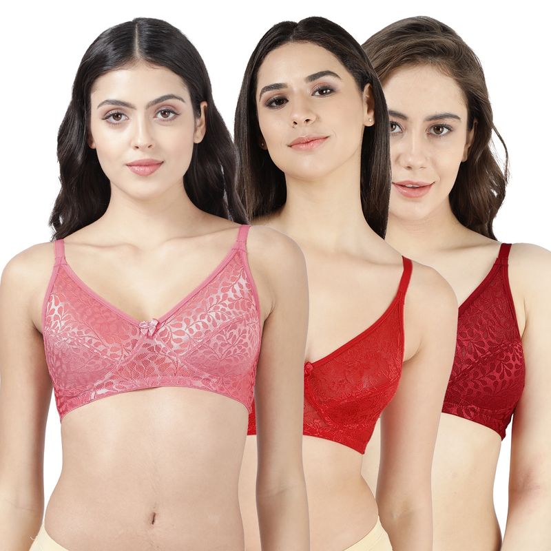 Shyaway Susie Womens Non Padded Wirefree Lace Bra- Multi Color (Pack of 3) (32B)