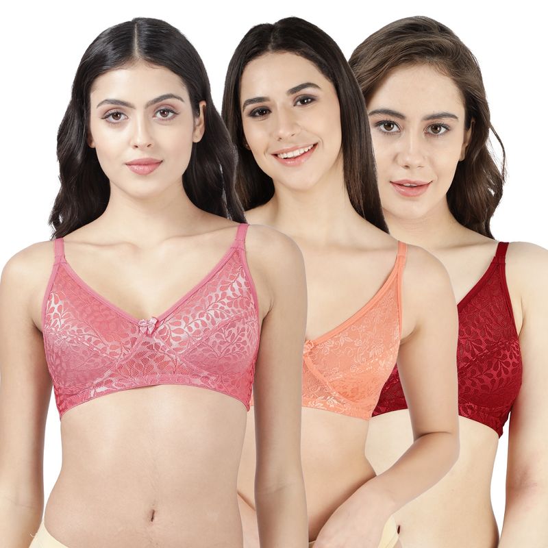Shyaway Susie Womens Non Padded Wirefree Lace Bra- Multi Color (Pack of 3) (32B)