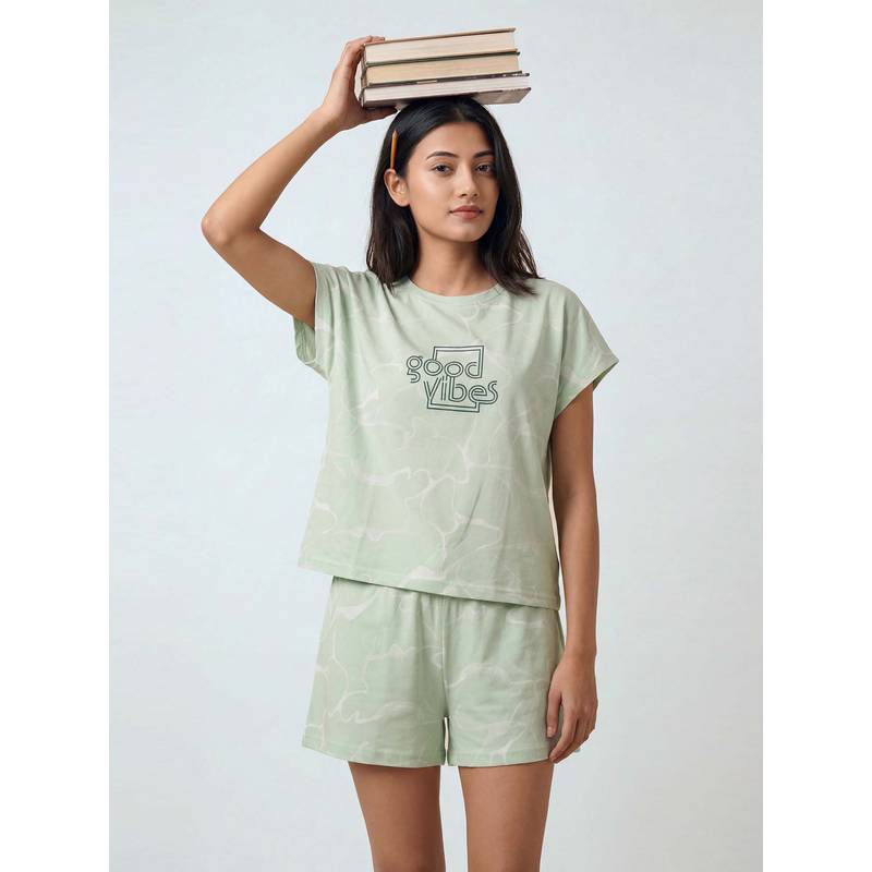 JULIANA DREAM Womens Sage Green Cotton Printed T-Shirt And Shorts (S)