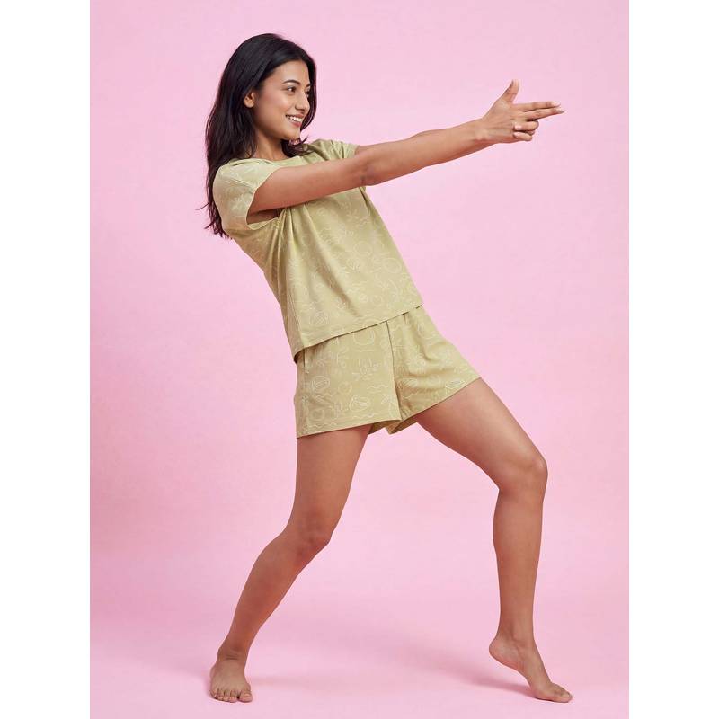 JULIANA DREAM Womens Beige Cotton Lycra Printed T-Shirt And Shorts (S)
