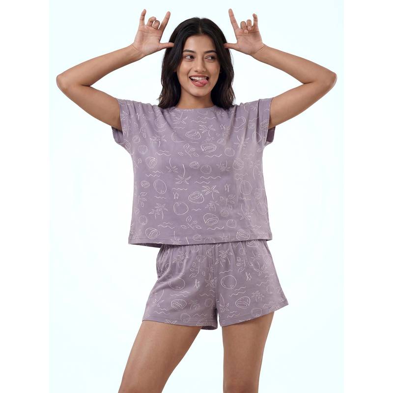 JULIANA DREAM Womens Lavender Cotton Lycra Printed T-Shirt And Shorts (S)