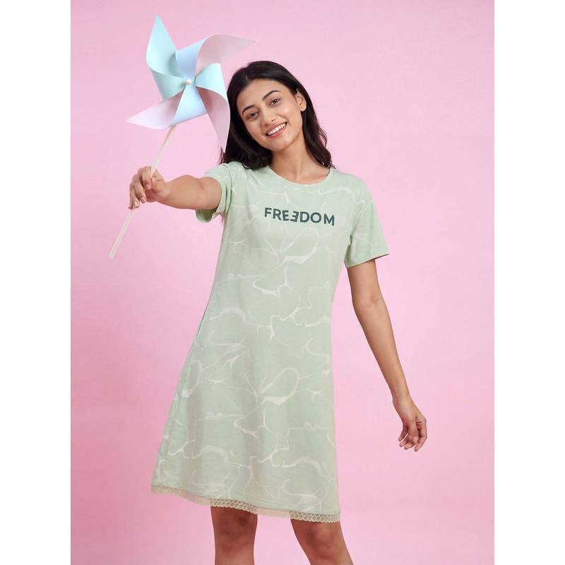 JULIANA DREAM Womens Sage Green Cotton Printed Short Night Dress (S)