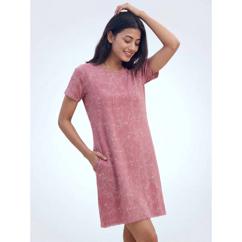 JULIANA DREAM Womens Dark Pink Cotton Lycra Printed Short Night Dress (S)