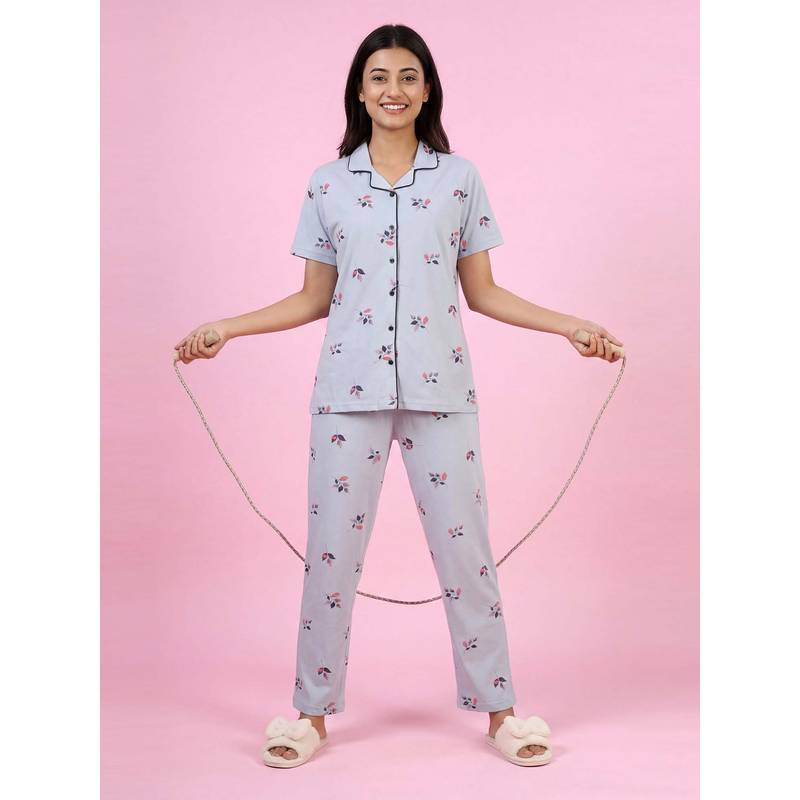 JULIANA DREAM Womens Sky Blue Cotton Printed Shirt And Pyjama (S)