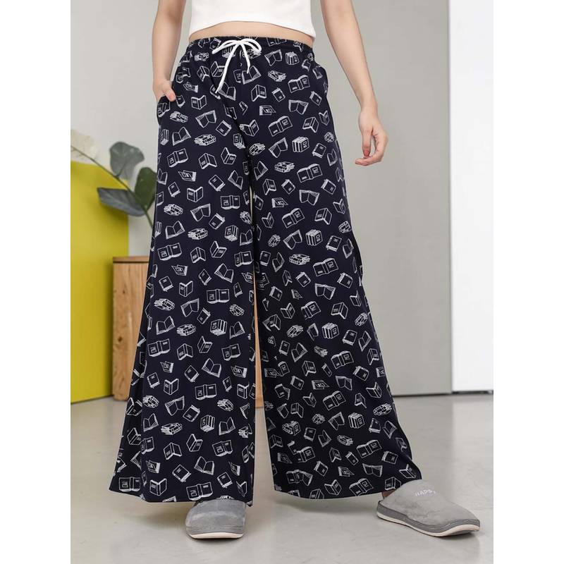 Kryptic Women Cotton Baggy Fit Printed Lounge Pant With Side Pocket Navy Blue (M)